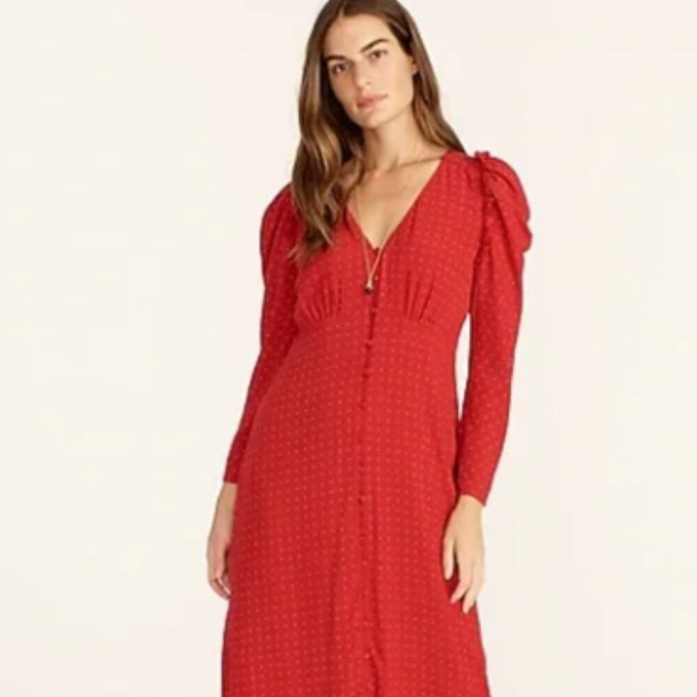 J Crew Red Pin Dot Drapey Puff Long Sleeve V-neck Midi Sheath size 6